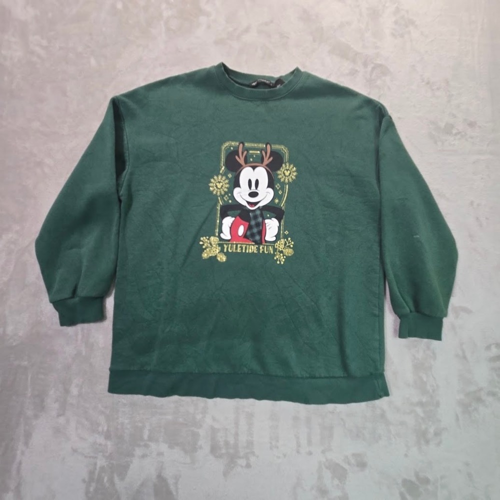 Disney Mickey Mouse Yuletide Fun Christmas Sweatshirt Green Reindeer Antlers L